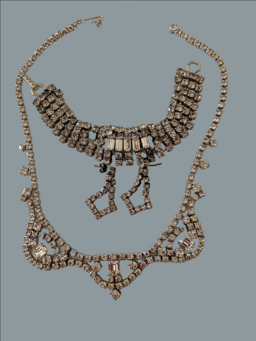 Vintage Silver Rhinestone Statement Necklace, Bracelet & Earrings (3 piece Set)